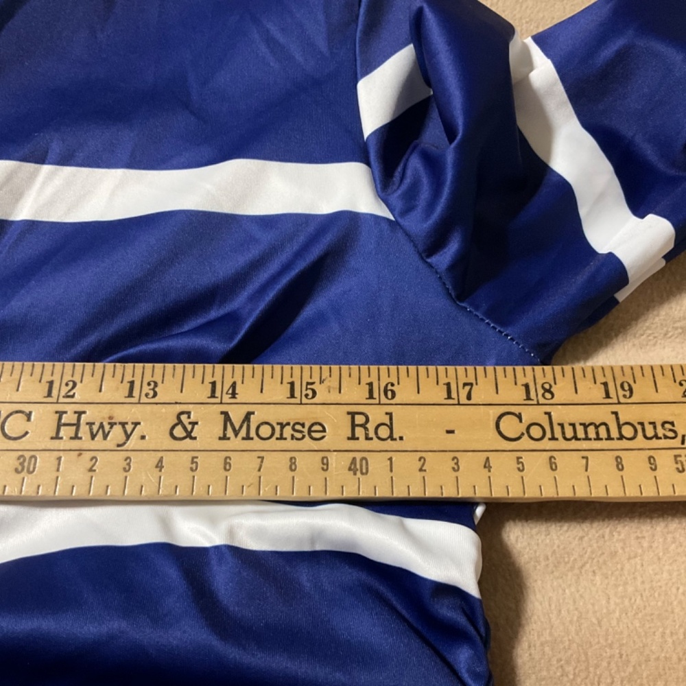 New Ladies size Medium Maxi dress blue/white wide stripes, ruched waist around - Picture 3 of 5